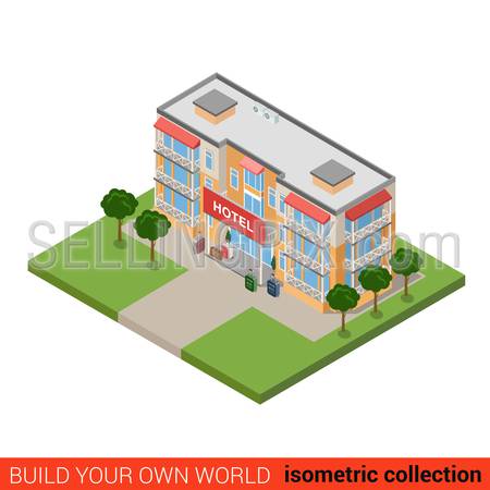 Flat 3d isometric hotel building block infographic concept. Travel vacation trip tourism guesthouse and luggage. Build your own infographics world collection.