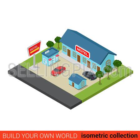 Flat 3d isometric motel building block infographic concept. Travel vacation road trip tourism guesthouse and parking place. Build your own infographics world collection.