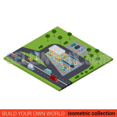 Flat 3d isometric highway gas petroleum petrol refill station building block on heavy traffic road infographic concept. Build your own infographics world collection.