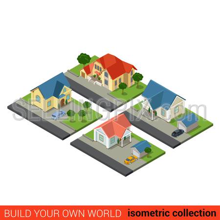 Flat 3d isometric set of family country house yard backyard car garage building block infographic concept. Build your own infographics world collection.