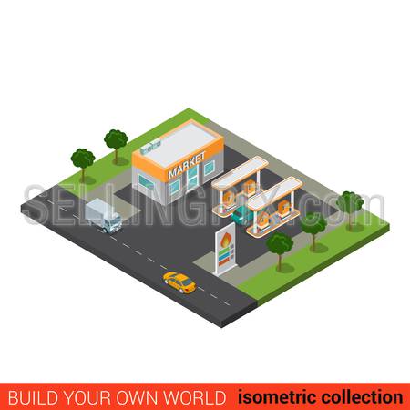 Flat 3d isometric highway gas petroleum petrol refill station market building block infographic concept. Build your own infographics world collection.