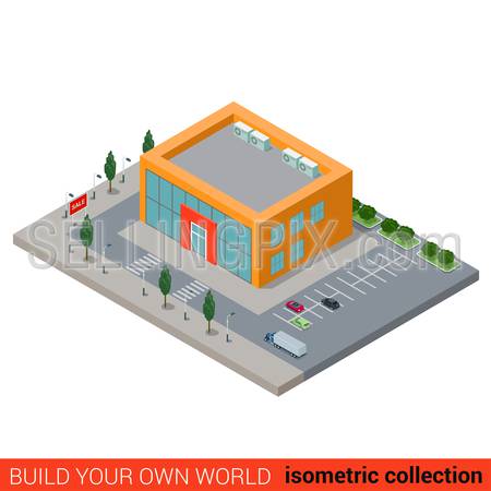 Flat 3d isometric city mall supermarket building block infographic concept. Build your own infographics world collection.
