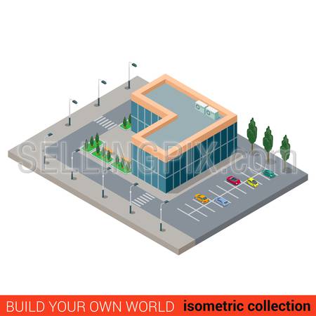 Flat 3d isometric city office parking glass building block infographic concept. Build your own infographics world collection.