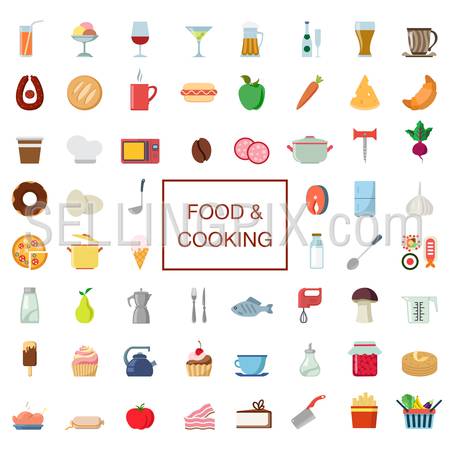 60 flat creative stylish food and cooking icon set. Eat drink cookware kitchenware products electronics. Ice cream wine cocktail beer sausage cheese sushi jam fish. Meal time icons collection.