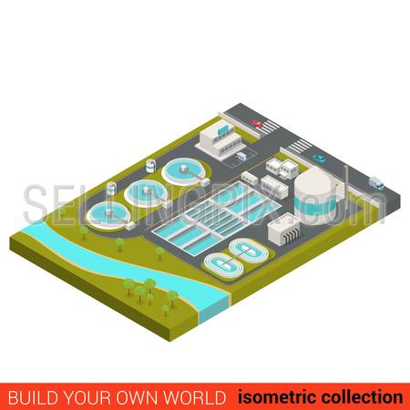 Flat 3d isometric wastewater treatment plant building block infographic concept. City industrial waste water sewerage sewage sump sinker. Build your own infographics world collection.