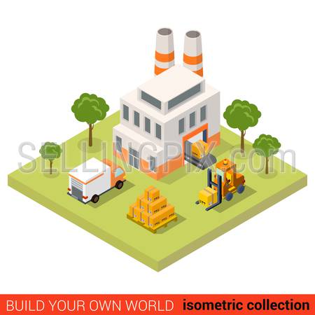 Flat 3d isometric conveyor plant factory loading tape delivery van pallet crate box building block infographic concept. Build your own infographics world collection.