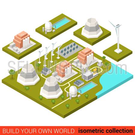 Flat 3d isometric power alternative green energy heat plant building block infographic concept. Wind turbine sun battery module atom nuclear. Build your own infographics world collection.