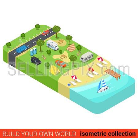 Flat 3d isometric vacation holiday beach camping tourism building block infographic concept. Yacht marine sea shore sunbathing lounge tent camp motorhome. Build your own infographics world collection.