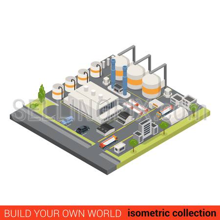 Flat 3d isometric oil refinery building block infographic concept. Heavy industry processing plant chimney gas petroleum cistern. Build your own infographics world collection.