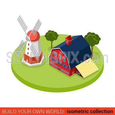 Flat 3d isometric country side windmill threshing farm building block infographic concept. Countryside barn warehouse storage. Build your own infographics world collection.