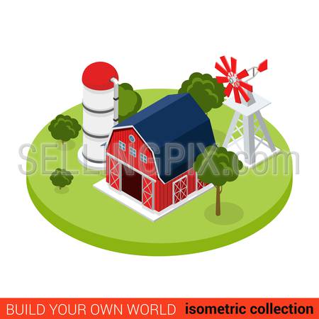 Flat 3d isometric water pump tower shed house farm building block infographic concept. Countryside barn warehouse storage. Build your own infographics world collection.