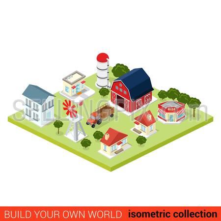 Flat 3d isometric set of countryside infographic farm buildings. Country side barn warehouse storage shop tractor windmill water pump house. Build your own infographics world collection.