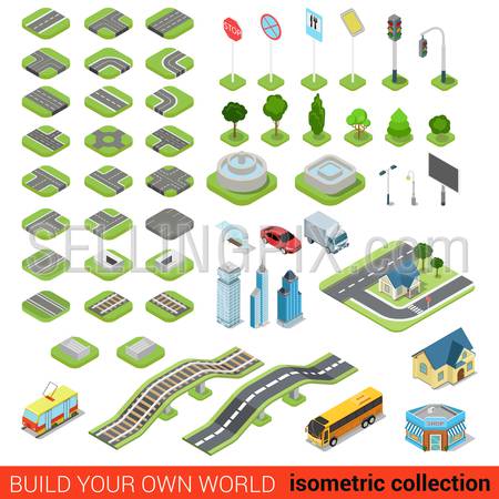 Flat 3d isometric street road sign building blocks infographic concept set. Crossroad railway fountain traffic light lantern skyscraper tram bus shop. Build your own infographics world collection.