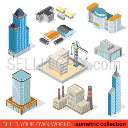 Flat 3d isometric city skyscraper building block construction place infographic set. Mall power plant storage warehouse public municipal house. Build your own infographics world collection.