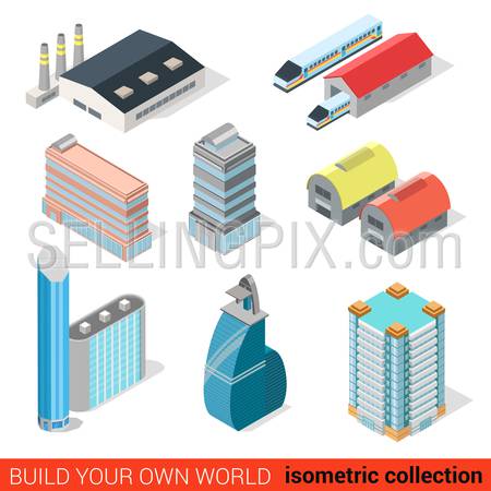 Flat 3d isometric city skyscraper building block infographic set. Business office center railroad train depot. Build your own infographics world collection.