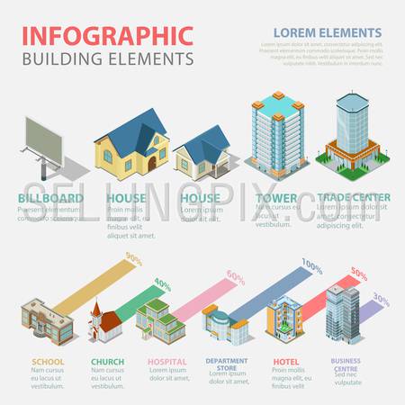 Flat 3d isometric style thematic building estate elements infographics concept template. House office business center tower school church hospital hotel store. Conceptual web site infographic collection.