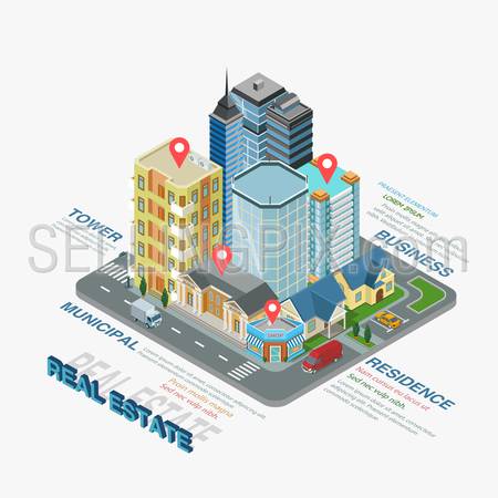 Flat 3d isometric style thematic real estate infographics concept. Realty type municipal business residence info graphic. Conceptual web site infographic collection.