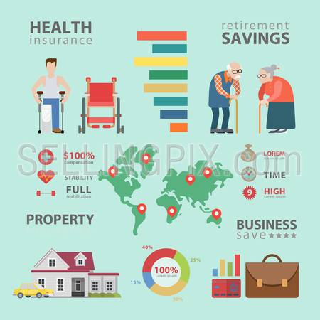 Flat style thematic health insurance retirement infographics concept. Info graphics world statistics oldies healthcare property business. Conceptual web site infographic collection.