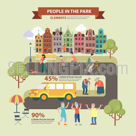 Flat style thematic people in park infographics concept. Park alley road in city and bicycle parenting dog walking sports fresh air activity oldies lounge. Conceptual web site infographic collection.
