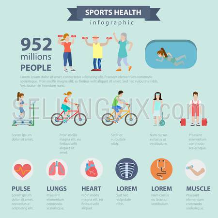 Flat style thematic sports health infographics concept. Healthy lifestyle exercise activity water pool cycling power lifting tennis running info graphic. Conceptual web site infographic collection.