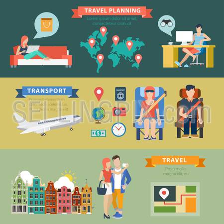 Flat style thematic travel vacation destination planning infographics concept. Sightseeing shopping transport ticket visa route navigation info graphic. Conceptual web site infographic collection.