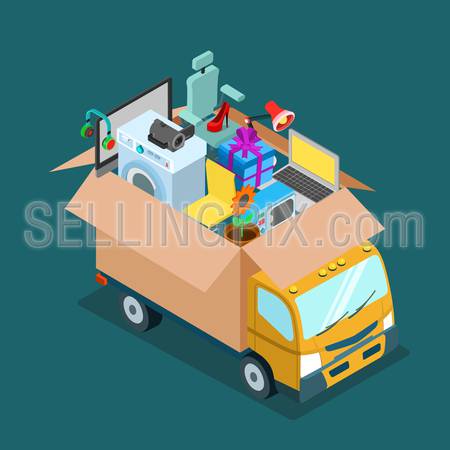 Flat 3d isometric online internet web shopping delivery or home office moving concept. Mover van car lorry with open deliver box full of electronics goods gift present. Website conceptual infogaphics.