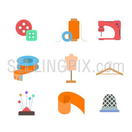 Flat style modern tailor sewing dressmaker needlewoman tools accessory fashion clothing industry web app concept icon set. Button thimble sewer mannequin pincushion thread. Website icons collection.