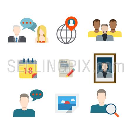 Flat style modern business chat social media network sharing communication web app concept icon set. People profile avatar picture calendar schedule mobile application. Website icons collection.