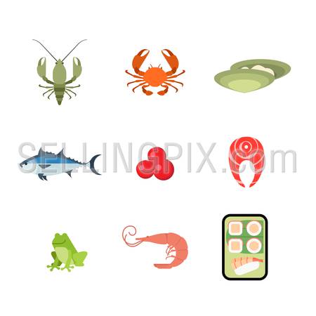Flat style modern sea food web app concept icon set. Crab lobster crayfish crawfish oyster salmon caviar fish steak frog shrimp Japanese sushi roll mobile application. Website icons collection.