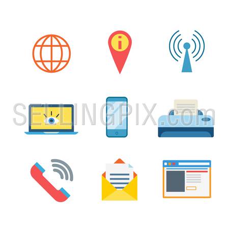 Flat style modern business messenger mobile web app interface concept icon set. Globe map pin wi-fi hotspot network laptop smartphone printer call message window. Website icons collection.