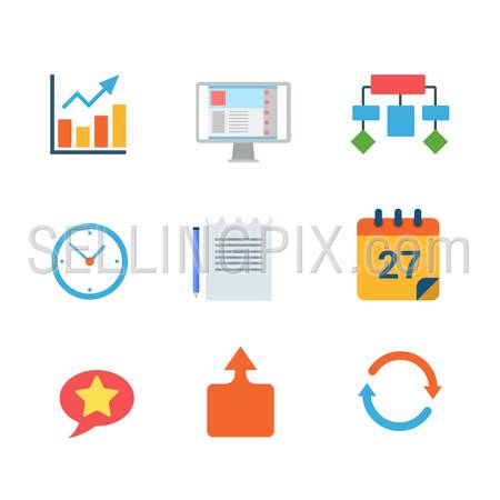 Flat style modern business finance statistics ERP CRM mobile web app interface concept icon set. Chart graphic algorithm clock document calendar chat reload infographics. Website icons collection.