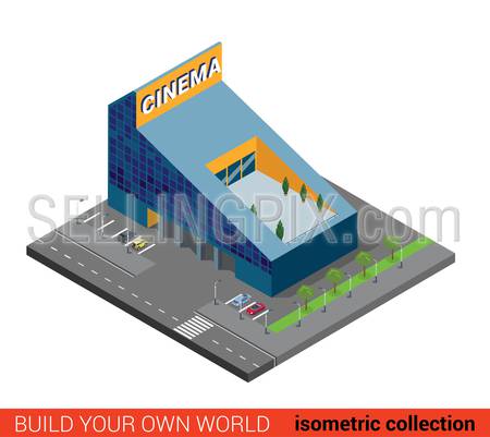 Flat 3d isometric modern glass cinema building block infographic concept. Entertainment theater with parking. Build your own infographics world collection.