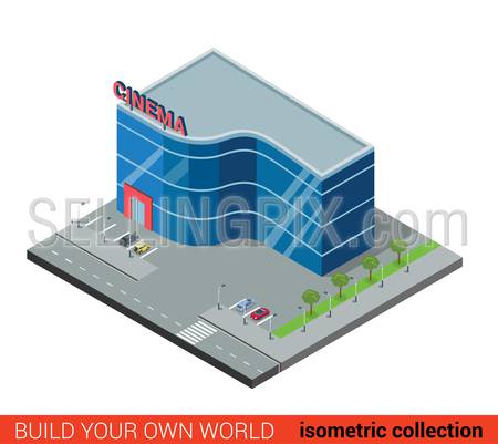 Flat 3d isometric modern glass cinema building block infographic concept. Entertainment theater with parking. Build your own infographics world collection.