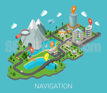 Flat 3d isometric map mobile GPS navigation app infographic concept. City countryside lake mountain gas station park restaurant bridge hotel shopping mall route pin markers. Navigate info graphics.