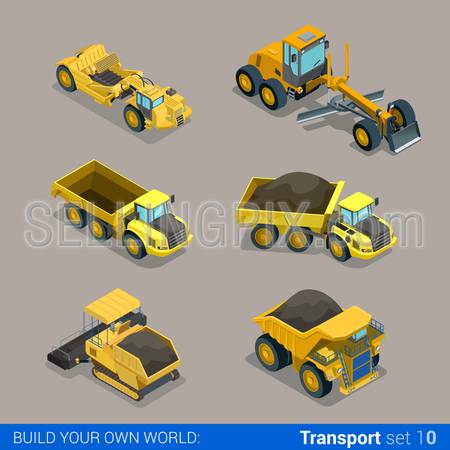 Flat 3d isometric style modern road highway surface making construction site wheeled track vehicles transport web app icon set concept. Tipper tip truck asphalt paver paving machine combine harvester.