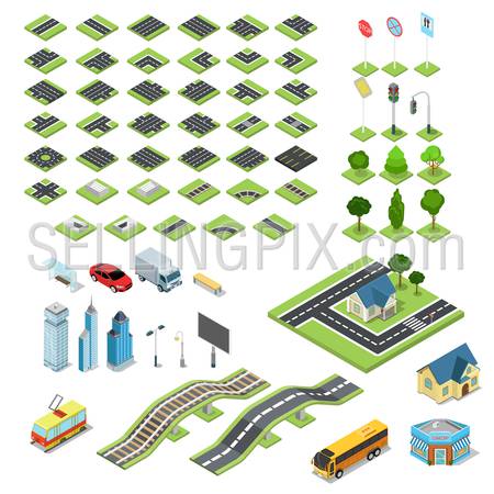 Flat 3d isometric street road sign building blocks infographic concept set. Crossroad railway fountain traffic light lantern skyscraper tram bus shop. Build your own infographics world collection.