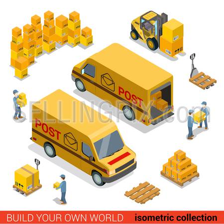 Flat 3d isometric postal service warehouse staff delivery van loading concept. Men loader forklift pallet package parcel manipulation. Build your own world collection.