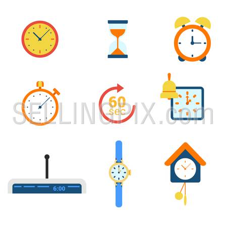 Flat style modern time clock alarm schedule notification appointment measure web app concept icon set. Timer watch mechanical electronic coo-coo hourglass stopwatch. Website icons collection.