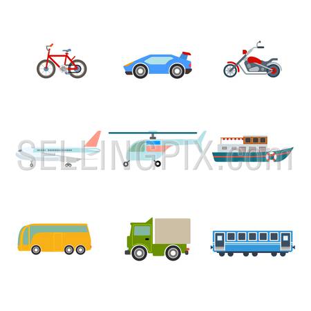 Flat cartoon various transport icon set. Road bicycle sportscar bike bus truck aerial helicopter plane aircraft marine boat railroad carriage. Build your own world web infographic collection.