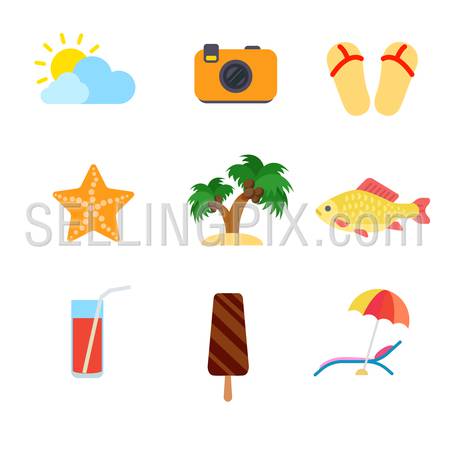 Flat style modern travel vacation beach tourism web app concept icon set. Weather camera slippers sea star coconut palm fish cocktail ice cream umbrella lounge chair. Website icons collection.