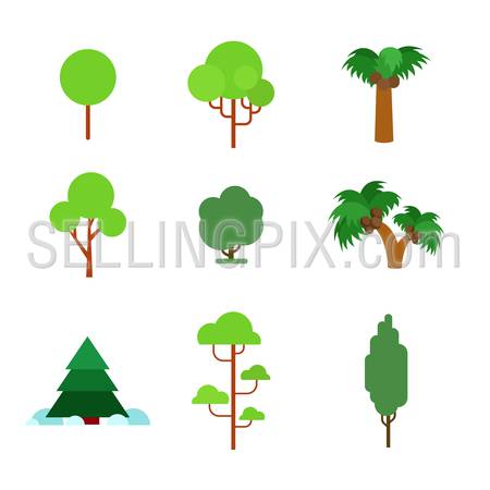Flat style flora plant green trees nature objects icon set. Pine fir coconut palm oak alder conifer spruce maple. Build your own world collection.