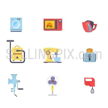 Flat creative style kitchenware object home electronics modern infographic vector icon set. Washing machine microwave oven pot vacuum cleaner mixer toaster meat grinder vent. Kitchen icons collection.