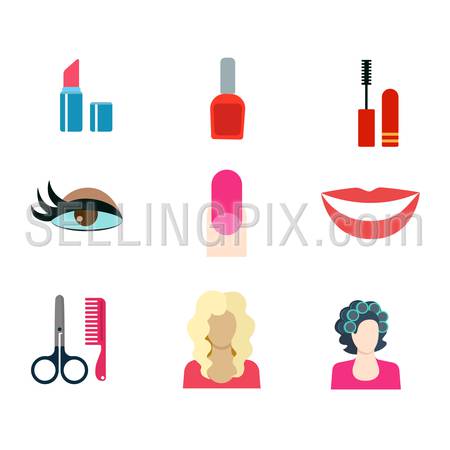 Flat style modern beauty shop make-up haircut salon web app concept icon set. Lipstick nail polish mascara hair curlers eye makeup fake nails smile scissors comb blond. Website icons collection.