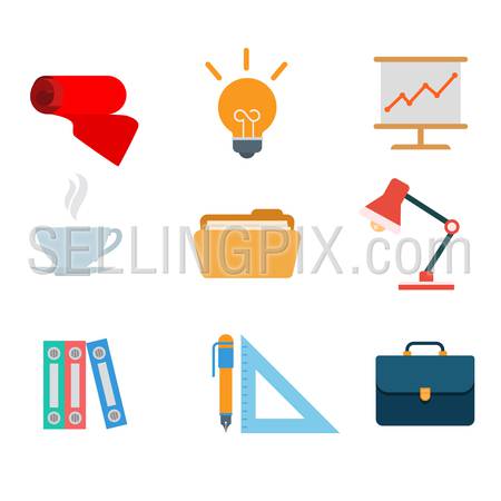 Flat style modern office tools web app concept icon set. Tie idea table lamp whiteboard report chart graphic cup tea coffee folder briefcase pen triangle ruler. Website icons collection.