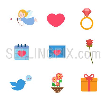 Flat style Valentine day wedding love romance anniversary web app concept icon set. Angel heart diamond ring calendar date dating message mail envelope rose flower tweet gift. Website icons collection