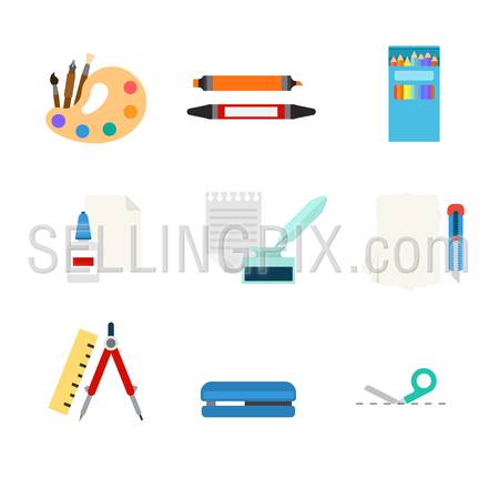Flat style modern stationery tools web app concept icon set. Art paint palette marker pencil paper glue ink feather pen cutter knife compasses divider stapler cutting line. Website icons collection.