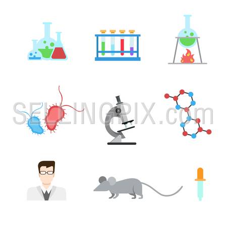 Flat style modern laboratory research experiment web app concept icon set. Lab mouse flask beaker test tube heater microbe microscope DNA molecule doctor pipette dropper. Website icons collection.