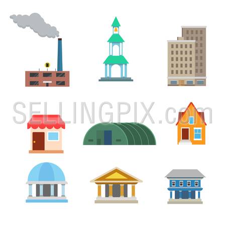 Flat style modern classic buildings web app concept icon set. Factory plant chapel chantry oratory accommodation shop warehouse hangar townhouse court bank library municipal. Website icons collection.