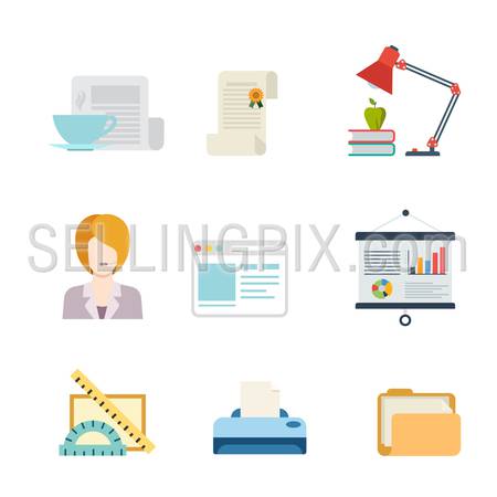 Flat style modern business web app concept icon set. Document license certificate support team representative interface report printer folder whiteboard lamp. Website icons collection.