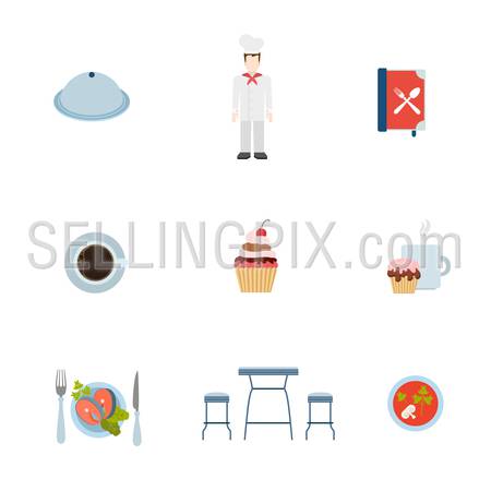 Flat style modern restaurant eatery cooking web app concept icon set. Tray salver cook chef menu coffee cake sugar salmon fish steak soup bar table stool. Website icons collection.